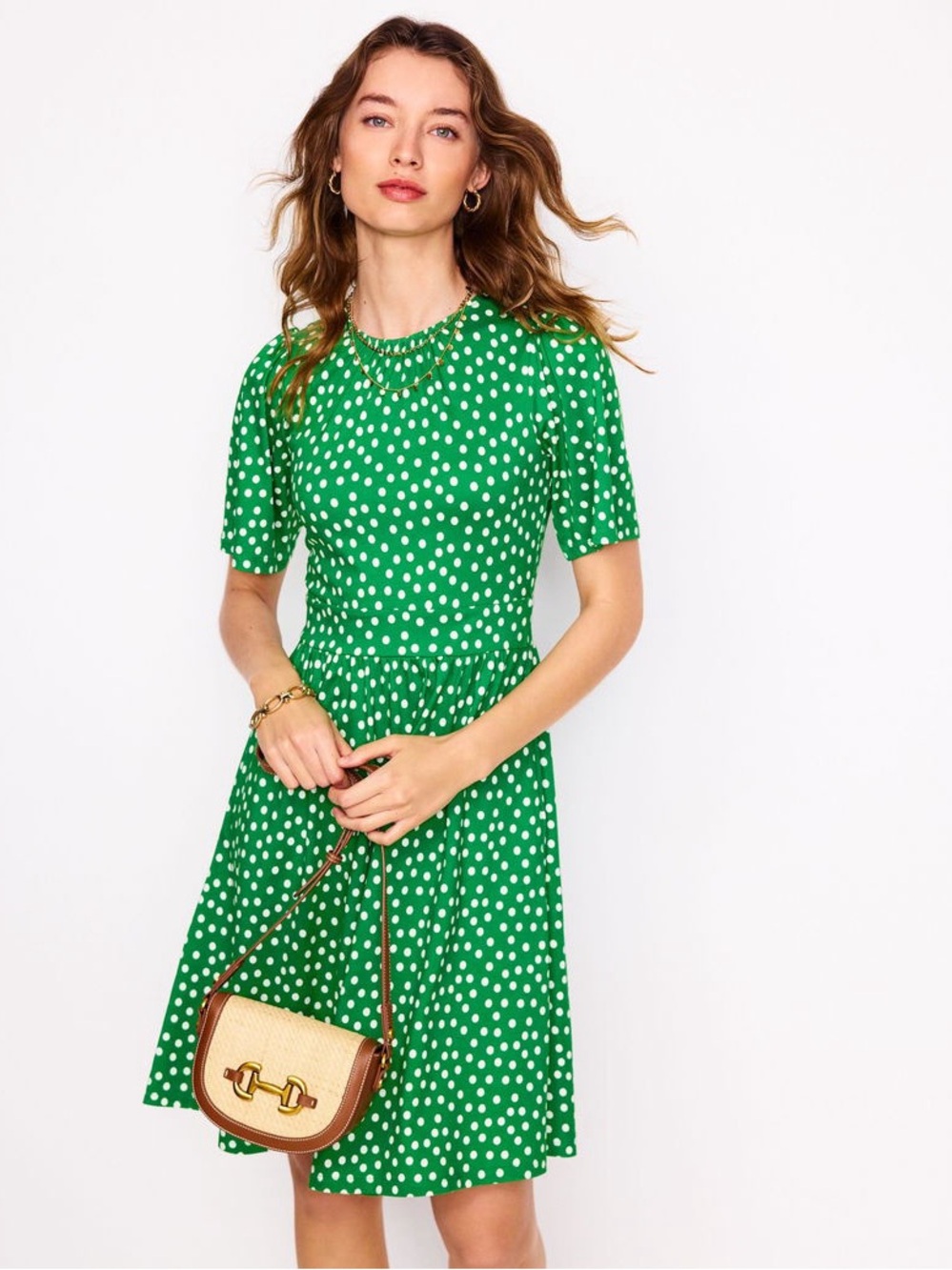 Boden Louisa Short Jersey Dress Green White Polka Dot size 4 R - Picture 2 of 9